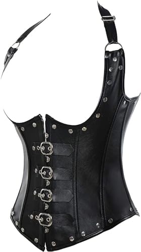Women's Steampunk Faux Leather Bustier Halter Shoulder Straps Underbust Corset Top