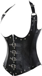 Women's Steampunk Faux Leather Bustier Halter Shoulder Straps Underbust Corset Top