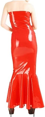 Natural latexSleeveless Red Sexy Long Fishtail Latex Dress Rubber Bodycon Playsuit Frills at Bottom