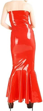 Natural latexSleeveless Red Sexy Long Fishtail Latex Dress Rubber Bodycon Playsuit Frills at Bottom