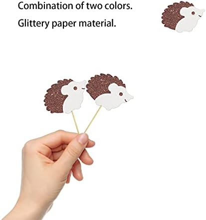 Set of 24 Glitter Hedgehog Cupcake Toppers, Animal Themed Baby Shower Dessert Decor, Baby Birthday Party Decorations Supplies - Brown & White