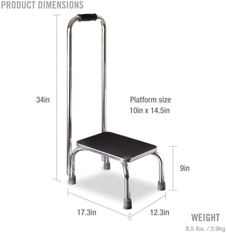 DMI Step Stool with Handle and Non Skid Rubber Platform, Lightweight and Sturdy Stool for Seniors, Adults and Children, Holds up to 300 Pounds with 9.5 Inch Step Up, 17.3"D x 12.3"W x 34"H, Chrome