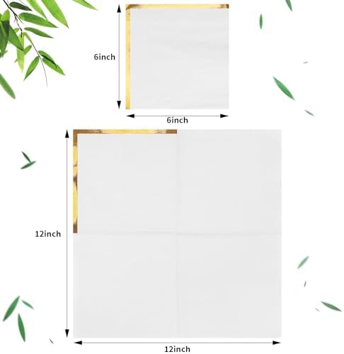 Fulmoon 100 Pack 2 Ply Cocktail Napkins Paper Gold Foil Trim Edge Beverage Dessert Disposable Paper Napkins Dinner Baby Shower Wedding Birthday Party Tableware Decorations, 5 x 5 Inches(White)