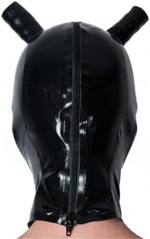 Black Latex Hood with Double Black Ponytail Wig Back Zipper Rubber Mask Cosplay Party Wear Costume