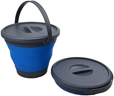 SAMMART 5.5L (1.4 Gallon) Collapsible Plastic Bucket with Lid - Foldable Round Tub with Lid - Portable Fishing Water Pail - Space Saving Outdoor Waterpot. (Grey/Blue (Set of 2))
