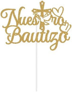 Nuestro Bautizo Cake Topper, Mi Primera Comunion Cake Topper, Baptism Christening First Communion Baby Shower Party Decorations Gold Glitter