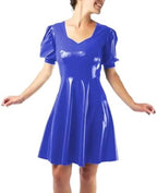 Puff Short Sleeve A-line PVC Faux Latex Dress Office Lady Chic Pleated Mini Dress Streewear