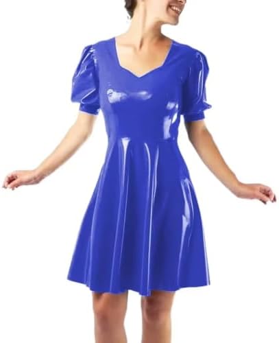 Puff Short Sleeve A-line PVC Faux Latex Dress Office Lady Chic Pleated Mini Dress Streewear