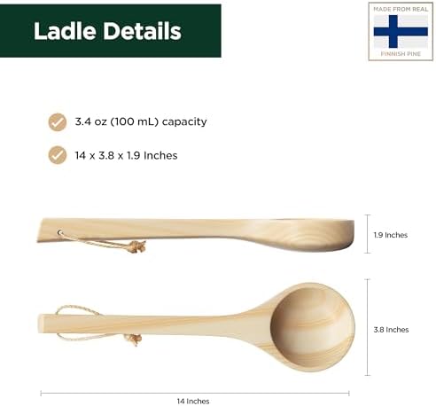 Northwood Sauna - Sauna Ladle - Handmade from Finnish Pine Wood - Natural Rope - 14″ Handle & 3.4 oz (100 mL) Capacity Spoon