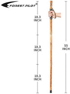 FOREST PILOT 3pc Detachable Fir Wood Walking Stick for Hiking with Compass 55 Inches - with Animal Carving - Soft Hand Strap - Rubber Tip Cover