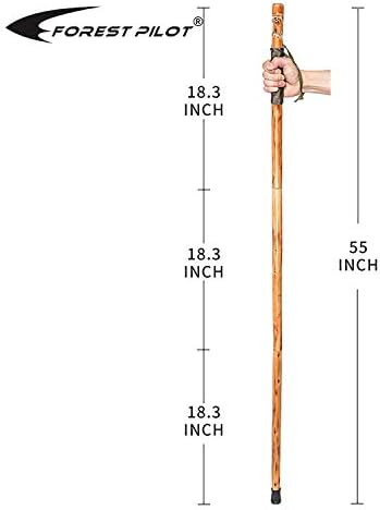 FOREST PILOT 3pc Detachable Fir Wood Walking Stick for Hiking with Compass 55 Inches - with Animal Carving - Soft Hand Strap - Rubber Tip Cover