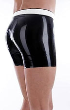 Men's Latex Boxer Shorts with White Waist Crotch Zipper Swimsuit,Black,L