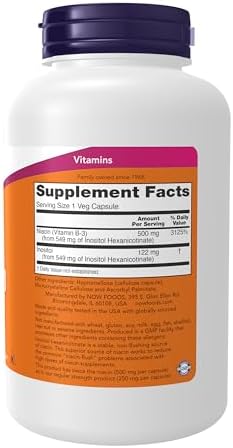 NOW Foods Supplements, Niacin (Vitamin B-3) 500 mg, Flush-Free, Double Strength, Nutritional Health, 180 Veg Capsules