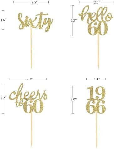 24 Pcs Glitter 60th Birthday Cupcake Toppers for Celebrating Sixty Years Old Birthday Party Decorations (Gold)