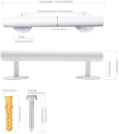 1 FT White Wall Mount Pipe Staircase Handrail, Hand Rails for Indoor Stairs - 12 Inch Metal Grab Bars for Seniors, Outdoor Deck Porch Steps Rail