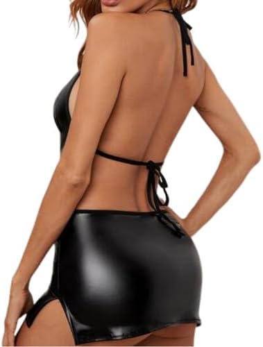 Women's PU Leather Lingerie Wet Look Outfits Babydoll Hollow Nightgown Chemise Boudoir Nighty Teddy Lingerie