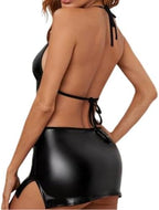 Women's PU Leather Lingerie Wet Look Outfits Babydoll Hollow Nightgown Chemise Boudoir Nighty Teddy Lingerie