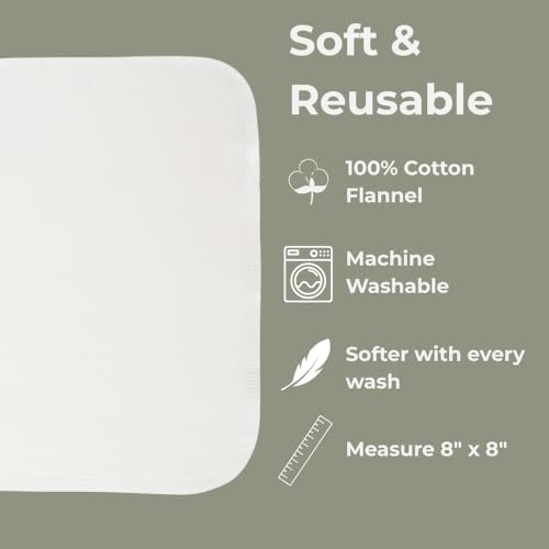 Reusable Baby Wipes, 25 Washable Cloth Wipes per Pack, 100% Cotton, Soft and Gentle for Baby's Skin, by Nora's Nursery