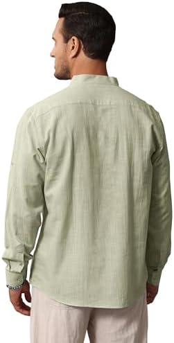 Cotton Linen Shirts for Men Lightweight Casual Long Sleeve Henley Beach Hawaiian Tops