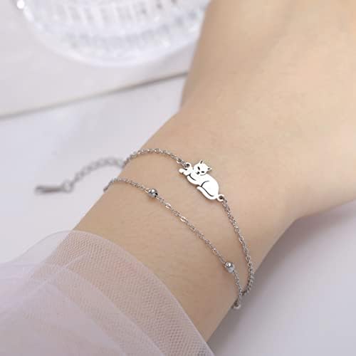 UNIFT Layered Bracelet For Women Recumbent Cat Double Chain Bracelet Stainless Steel Cute Cat Pendant Double Layer Bracelet Jewelry Gifts For Cat Lover