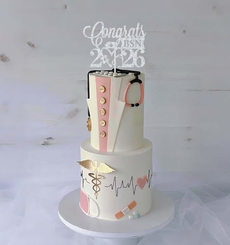 Congrats BSN Cake Topper, Future Nurse, I Will Stab You, Congrats Grad 2026 Nursing School Graduation Party Decoration Supplies, Silver Glitter