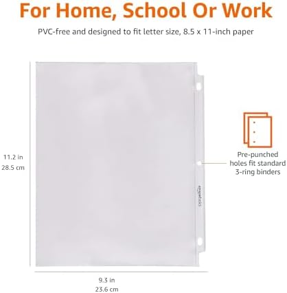 Amazon Basics Sheet Protectors for 3 Ring Binder, Heavyweight, Acid-Free, Clear Plastic Sleeves, Letter Size, 8.5 x 11 Inch, 100-Pack