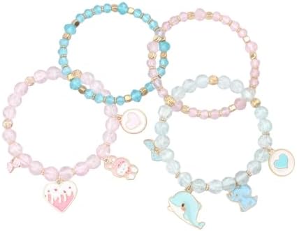 Cute Cartoon Charm Beaded Stretch Bracelet Set, Crystal Beads with Enamel Animal Charms
