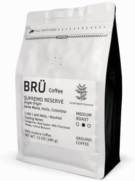 BRÜ Coffee Colombian Ground Coffee - Medium Roast - Single Origin - Huila High Elevation - 100% Arabica - Washed