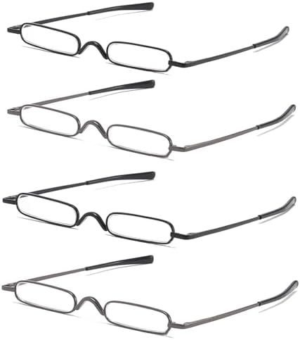 4 Pack Slim Pen Reading Glasses Metal Frame & Case Compact Portable Spring Hinge Eyeglasses for Women Men (Two Black, Two Gunmetal, +2.00)