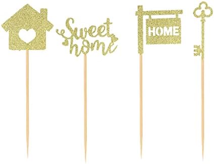 24 PCS Gold Glitter Sweet Home key Cupcake Toppers Picks for Housewarming New Home Theme Party Cake Decorations Supplies