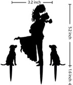 Wedding Cake Topper - Bride Hold Groom with Flowers Besides 2 Pet Dogs Silhouette Cake Decoration (Black)