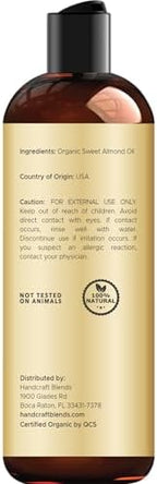Handcraft Blends Organic Sweet Almond Oil | 100% Pure and Natural | Bath & Body Oil | Premium Grade Carrier Oil | Skin | Hair | Body | Massage | Hexane-Free | 8 Fl Oz