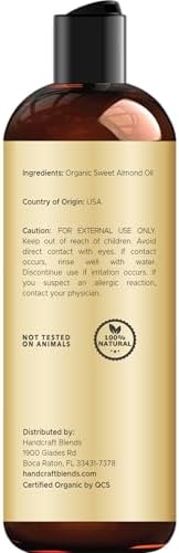 Handcraft Blends Organic Sweet Almond Oil | 100% Pure and Natural | Bath & Body Oil | Premium Grade Carrier Oil | Skin | Hair | Body | Massage | Hexane-Free | 8 Fl Oz