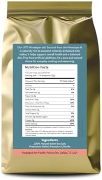 Pacific Pelican Iodized Lite Himalayan Pink Salt | 70% Less Sodium | Fine Grain, Unrefined, 100% Natural & Organic for Cooking, Seasoning & Wellness (1 LB)