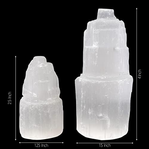 Wish Well 2 Piece Selenite Tower – 4” and 2.5” Selenite Crystal Tower – Mined and Crafted in Morocco – Ideal for Cleansing and Recharging Crystals and Healing Stones