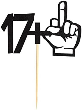 17+1 Middle Finger Black Glitter Cake Topper - 18th Birthday Party Decorations - Funny Eighteen Years Old Birthday Party Supplies