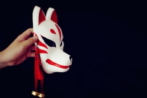AUSUKY Japanese Hand-Painted Fox Mask Kitsune Cosplay Full Face Masquerade Halloween, White, Medium