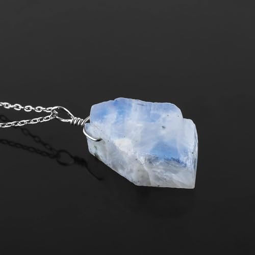 InfinityGemsArt Raw Rainbow Moonstone Crystal Pendant Necklace, Rough Gemstone, Blue Fire, Birthstone, Chakra Healing Stones, Women Jewelry, Rhodium 925 Silver Chain 20 inch, Natural Rock