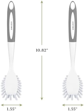Amazer Dish Brush with Handle, 2 Pack Kitchen Scrub Brushes for Cleaning, Dish Scrubber with Stiff Bristles for Sink, Pots, Pans (Grey+Grey)