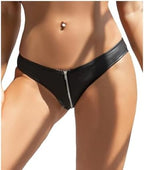 comeondear Women Faux Leather Zipper Panties Plus Size Mesh Back Bikini Underwear Black Low Rise Thong G-string Lady Tanga