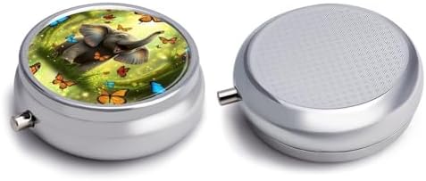 Purse Pill Organizer, Fantasy Elephant Butterfly Cute Round Box, Compact Case for Vitamins, Travel Dispenser Pocket Carry for Her