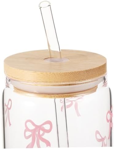 OUNONA 1 Set Glass Bow Cup With Lids Straws: Clear Tumbler - Aesthetic Coffee Mug - 16.91oz/500ml Reusable Jar Beer Can Decor For Smoothie Drinking Juice Women Coworkers