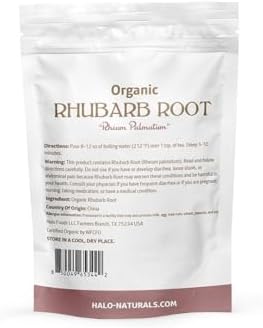 Halo Naturals Organic Rhubarb Root Cut & Sifted, 4 Ounces (Rheum palmatum) USDA Certified | Resealable Pouch| Packaged in The USA