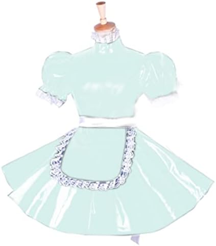 Lockable PVC Dress Short Puff Sleeve Outfit Crossdresser Plus Size Sissy Dress,Light Green,4XL