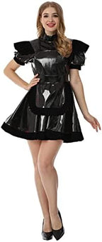 High Collar PVC Leather Maid Dress Shiny Pu Leather Short Puff Sleeve Outfit,Black,S