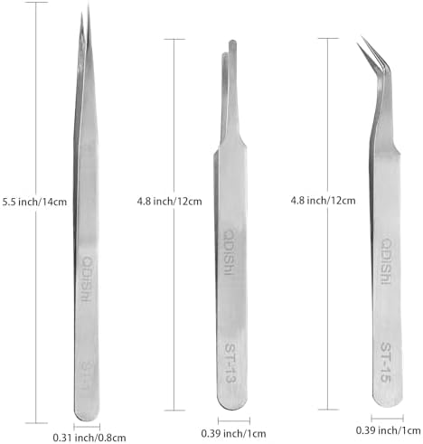 QDiShi Precision Tweezers Set,Upgraded Stainless Steel of Tweezers - Extra Fine,Angled,Blunt Tips for Electronics,Hobby, Industrial,Laboratory Work,Jewelry-Making,Model,Craft（3Pcs）