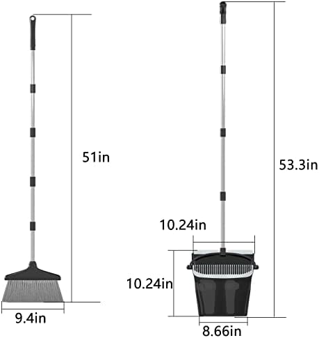 Broom with Dustpan Combo Set 54" Long Handle Angle Broom and Dust Pan for Home Office Cleaning Sweeping (Black and Grey)