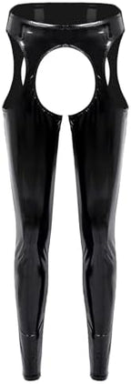 Linjinx Womens PVC Leather Wet Look Thigh-High Tights Suspender Pants Leggings Long Trousers