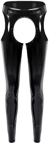 Linjinx Womens PVC Leather Wet Look Thigh-High Tights Suspender Pants Leggings Long Trousers