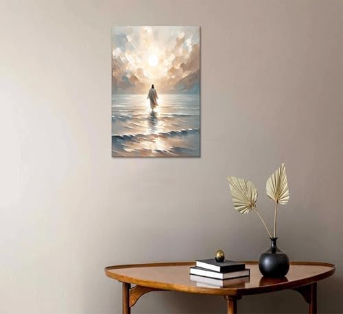 Jesus Walking on Water Canvas Wall Art Christian Bible Stories Wall Decor Pictures Modern Religious Posters Prints for Living Room Bedroom Church Home Decorations 12inx16in Ready to Hang